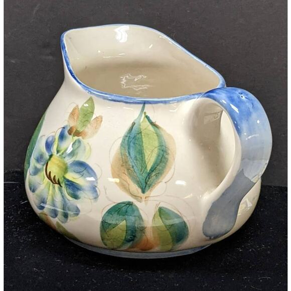 Vintage Signed Secla Portugal Hand Painted Blue Green Floral Pitcher Jug Vase - Picture 4 of 6